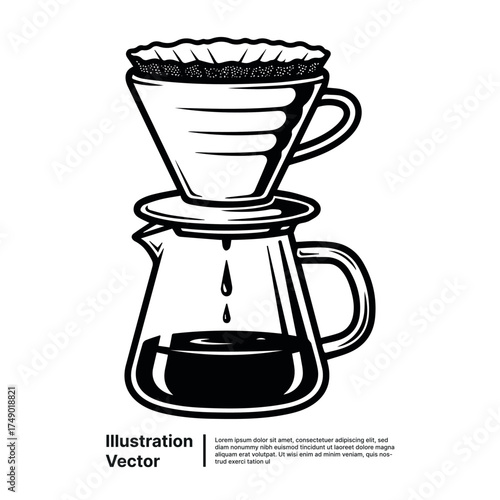 Vintage black and white illustration of the pour-over coffee making process