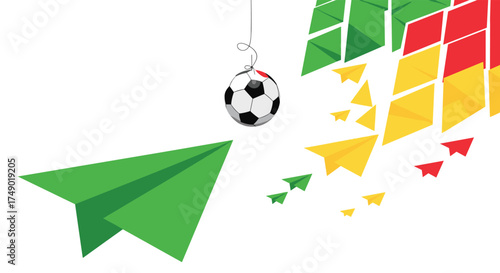 Green paper airplane approaching a soccer ball with colorful paper airplanes trailing behind it.