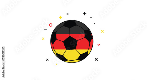A stylized soccer ball with the German flag design and colorful confetti.