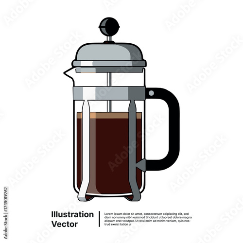 Vector illustration of a classic French press coffee maker filled with freshly brewed hot coffee