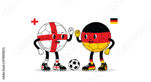 England and Germany football characters playing soccer together.
