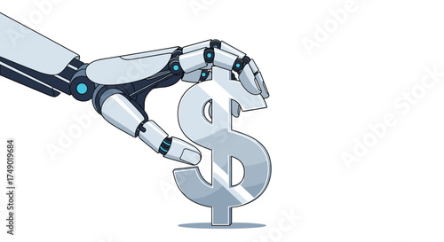 An advanced robotic arm is carefully holding a shiny silver dollar sign symbol.
