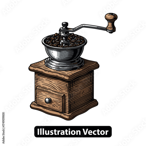 Antique Wooden Coffee Grinder Filled With Roasted Coffee Beans, Vintage Kitchenware