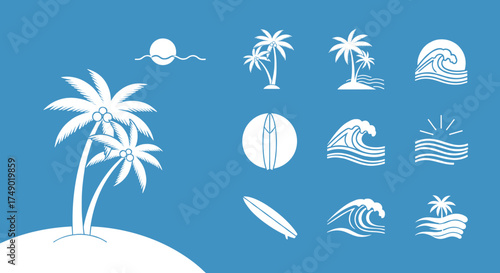 A collection of white tropical beach and surfing icons on a blue background, featuring palm trees, waves, surfboards, and a sun.