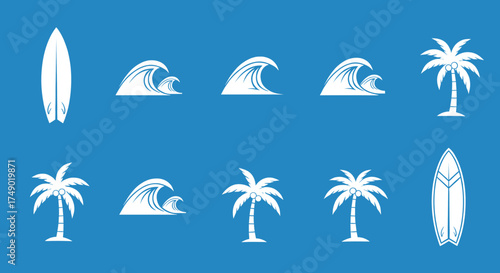 A collection of white surfing and beach-themed icons, including surfboards, waves, and palm trees, on a blue background.