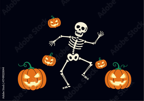 A cartoon skeleton dances among glowing jack-o'-lantern pumpkins on a dark background, creating a festive Halloween scene.
