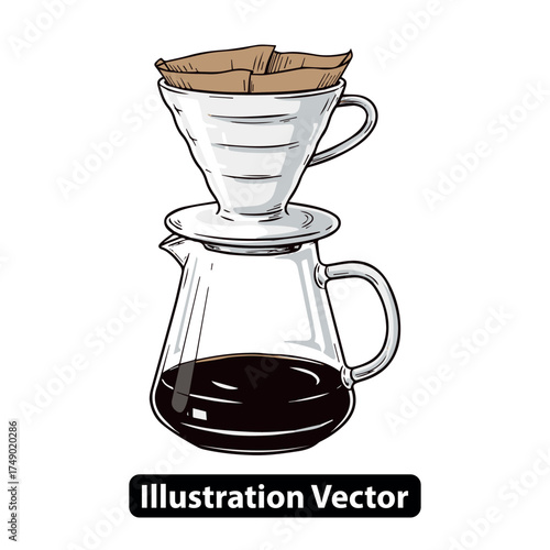 Hand-drawn illustration of a coffee dripper with a carafe filled with fresh coffee