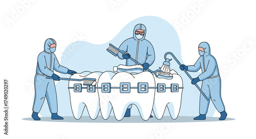 Dental professionals carefully cleaning and polishing large teeth with braces on.