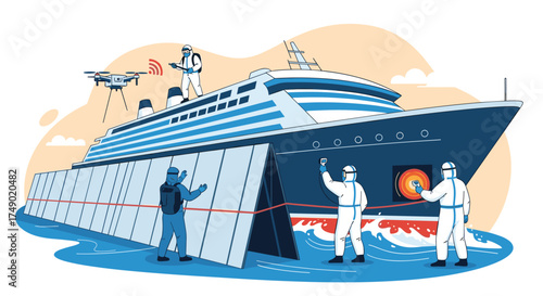 Scientists and drone are inspecting a large cruise ship for a disease outbreak in the ocean.