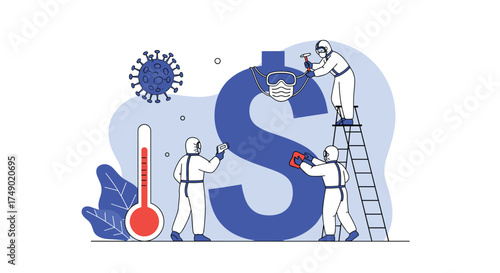 Financial and health crisis management during global pandemic with people in protective suits working on dollar sign.