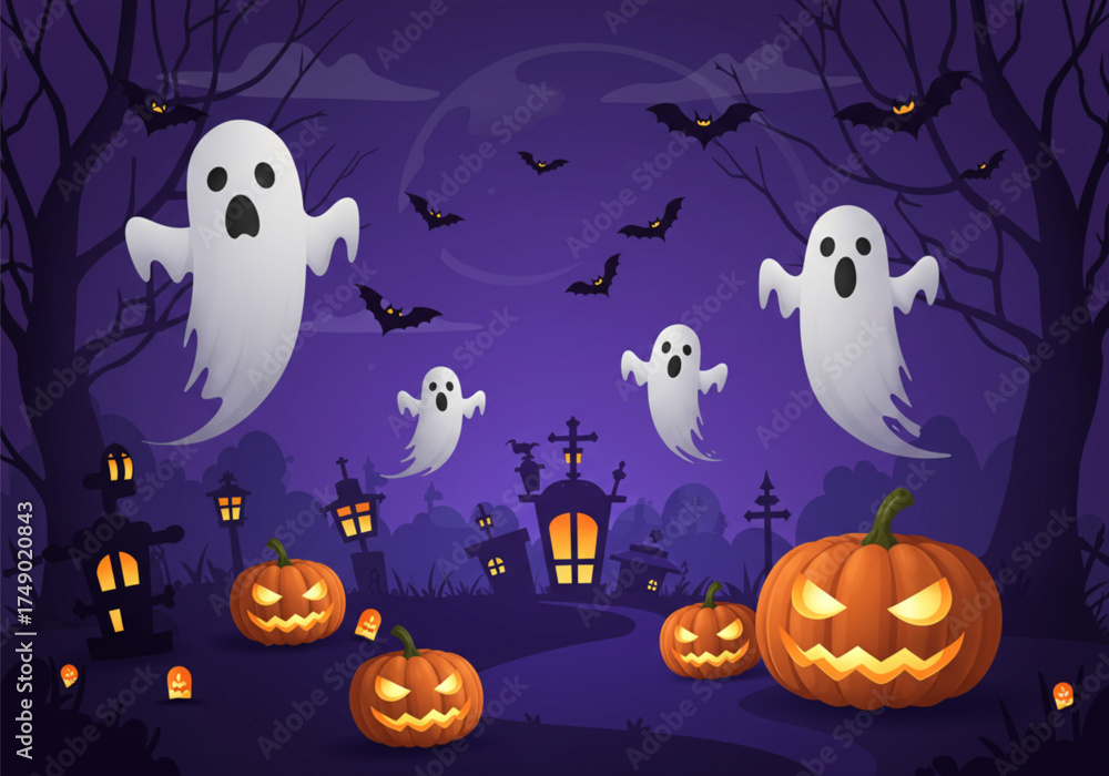 Fototapeta premium Halloween night scene featuring glowing jack-o'-lanterns, spooky ghosts, silhouetted trees, bats flying under a full moon, and a graveyard with haunted houses.