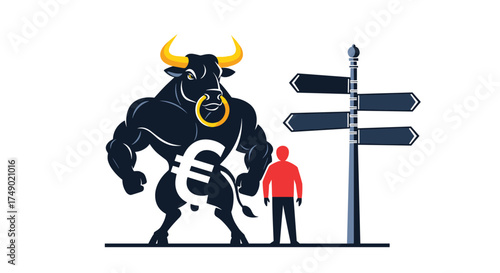 Navigating the financial landscape with a powerful bull and a crossroads sign indicating future directions.