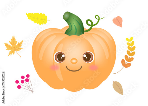 Cute autumn pumpkin with leaves clip art