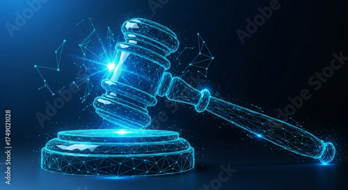 World Day for International Justice 3D Digital Gavel Representation in a Futuristic Environment