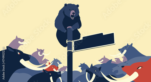 A powerful bear stands atop a traffic sign surrounded by a mob of wild animals.