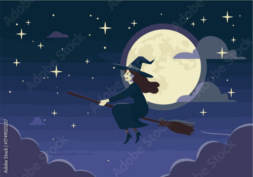 A witch with brown hair flies on a broomstick across a starry night sky with a large, bright moon.