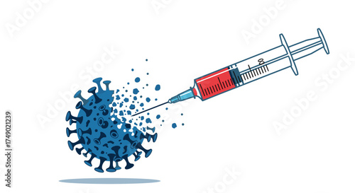 A syringe injecting liquid into a virus particle causing it to break apart.