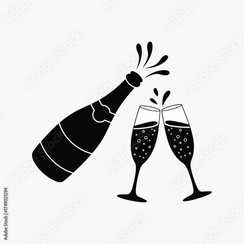 Black Silhouette Of Champagne Bottle And Toasting Glasses illustration