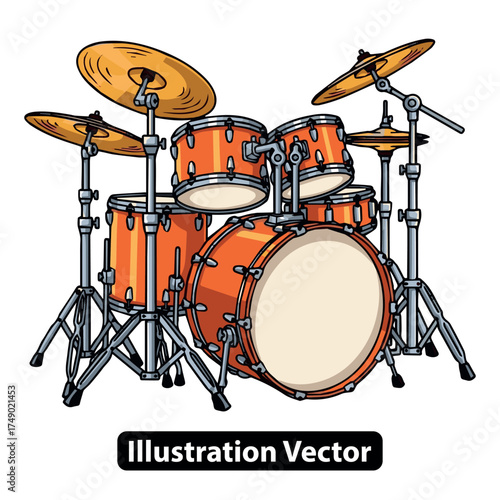 Detailed vector illustration of an orange acoustic drum kit for rock or jazz music