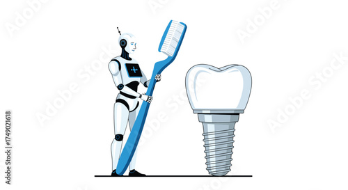 Robot uses giant toothbrush to clean a large dental implant.