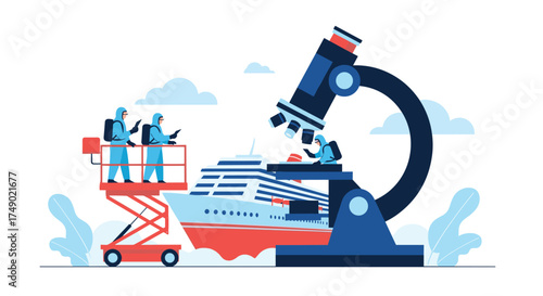 Scientists in hazmat suits inspecting a cruise ship under a giant microscope during a public health crisis.