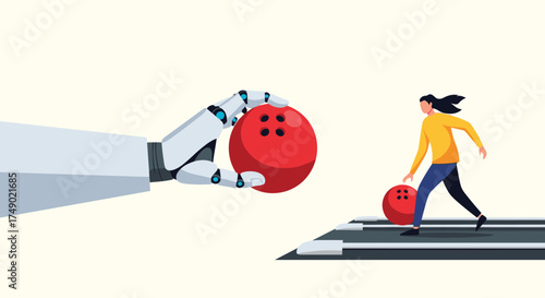 An advanced robotic hand presents a red bowling ball to a person preparing to roll another ball down a lane.