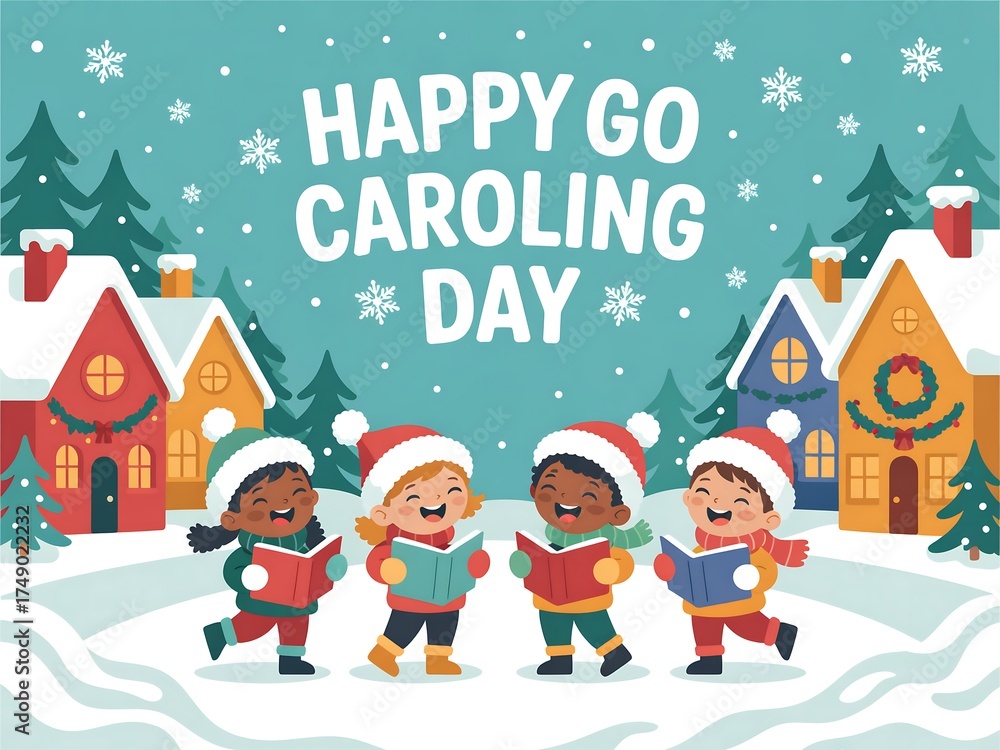 Fototapeta premium Four diverse children wearing santa hats sing christmas carols together on a snowy day in a festive village