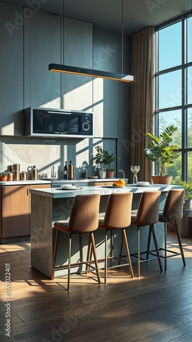 Modern Kitchen Interior with Natural Light and Bar Stools