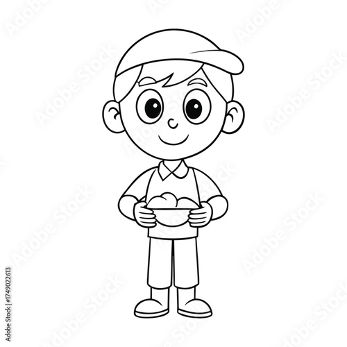 A charming coloring page featuring a cute boy joyfully holding food, ready to bring smiles and fun with playful details for kids and adults to color.
