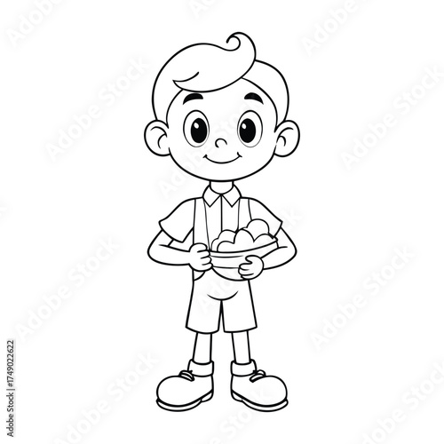 A charming coloring page featuring a cute boy joyfully holding food, ready to bring smiles and fun with playful details for kids and adults to color.
