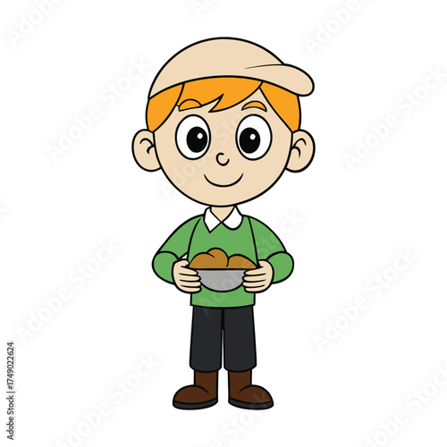 A cheerful, adorable boy enjoying his meal, eyes sparkling with delight, holding a plate of colorful food, radiating joy and the simple happiness of eating.
