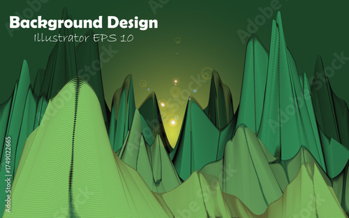 Black and green wireframe mountain landscape. Abstract smooth lines design. 3D topographic map background concept. Geography concept. Tech wavy background. Sunrise glow design