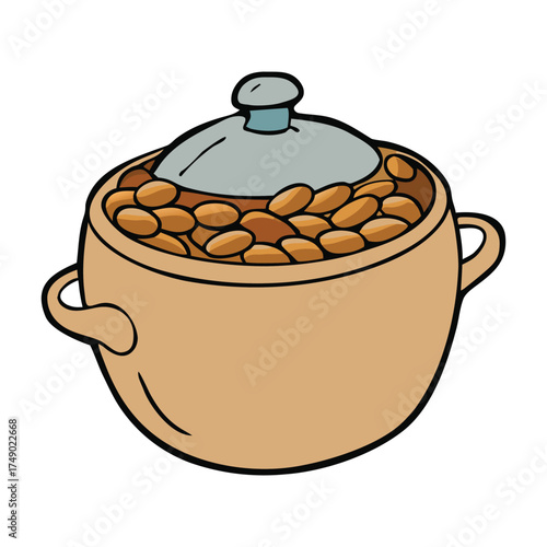 A classic pot filled with hearty beans, simmering to perfection, releasing rich aromas—a comforting, wholesome dish that warms both body and soul.
