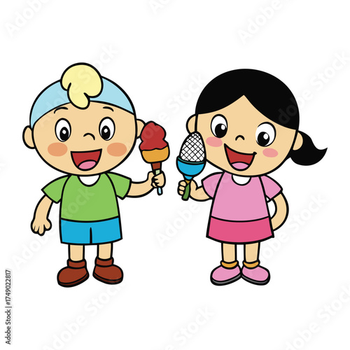 Joyful, adorable kids smile brightly as they enjoy colorful ice cream cones on a sunny day, capturing the sweetness of childhood and the simple pleasure of frozen treats.
