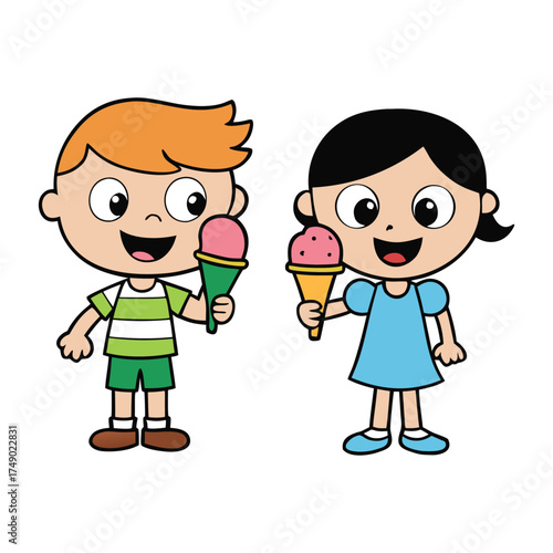 Joyful, adorable kids smile brightly as they enjoy colorful ice cream cones on a sunny day, capturing the sweetness of childhood and the simple pleasure of frozen treats.
