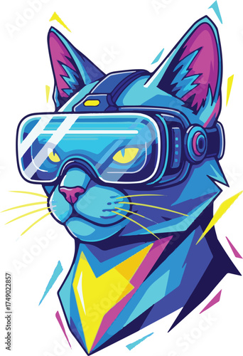 Stylized cat wearing VR goggles a illustration with vibrant colors for metaverse and gaming concepts