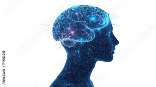 Human head profile with glowing brain and network connections design on transparent background
