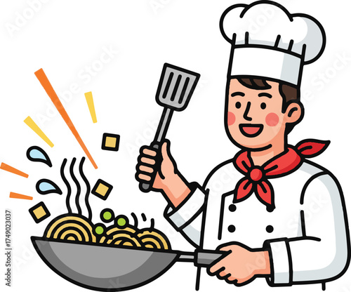 Cartoon chef cooking noodles in a wok holding a spatula illustration for culinary arts and restaurant concepts