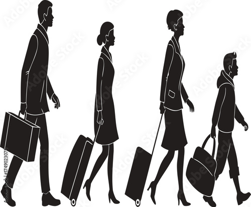 Silhouette family traveling with luggage representing vacation business trip or relocation journey together