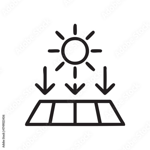 Simple line art icon representing solar energy generation from the sun hitting photovoltaic panels on a rooftop