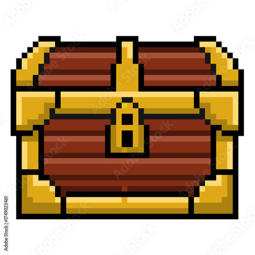 Pixel chest vector. Ideal for treasure, storage, and reward themes. This digital graphic is perfect for game, retro game, or 8 bit design projects and assets.