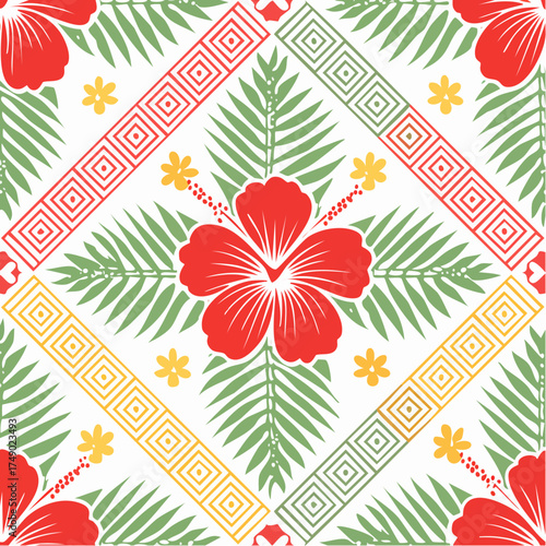 A seamless Tahitian floral tribal pattern combining hibiscus flowers and geometric lines. Perfect for apparel, packaging, and tropical design themes.