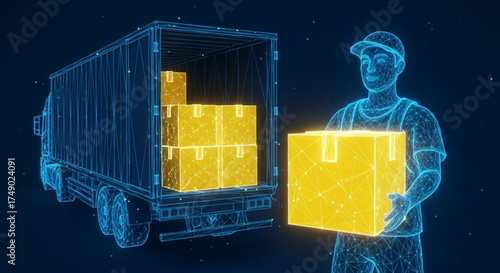 Delivery Action, Warehouse Worker, Cargo Truck, Illustration, Digital Environment, Side View, Logistics Concept