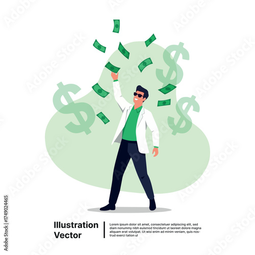 A joyful businessman celebrating financial success by throwing cash money into the air