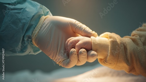 Emotional Moment of Caregiver Holding Infant Hand Surrounded by Soft Light in Medical Setting with Protective Gear on Hands