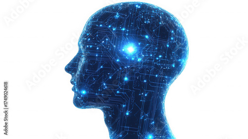 Digital human head with glowing blue circuits on a black background on transparent background