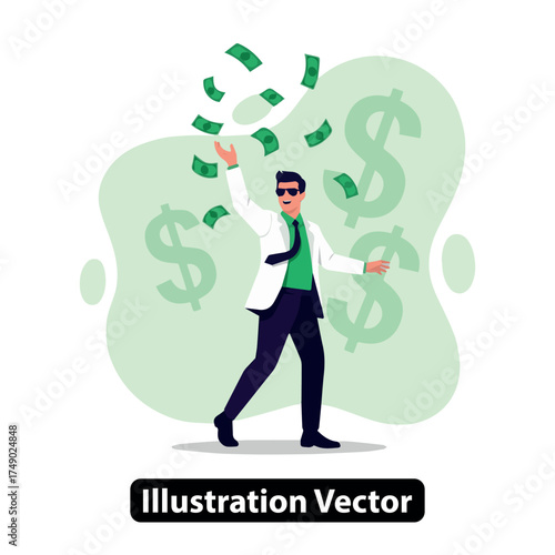 Successful businessman in a suit throwing money in the air celebrating financial freedom