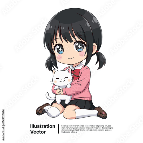 Adorable Japanese schoolgirl in a kawaii chibi style holding her fluffy white cat with a smile