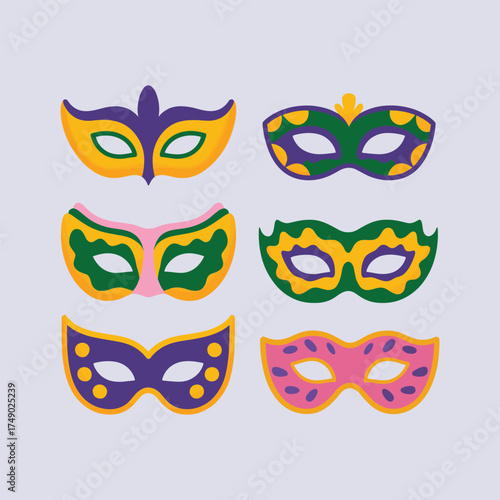 Six Colorful Mardi Gras Masks In Purple Green Yellow And Pink Keywords: mardi gras, mask, masquerade