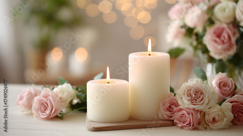Two vanilla white candles of different sizes on a light table with semi-blurred soft roses in the background.